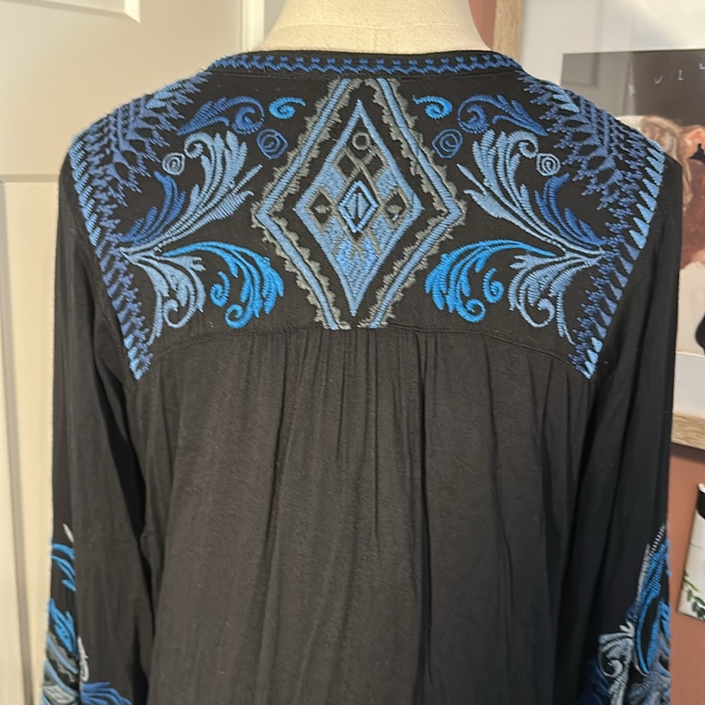 Johnny Was Biya Black & Blue Embroidered rayon blend long sleeve S tunic dress - Picture 10 of 14